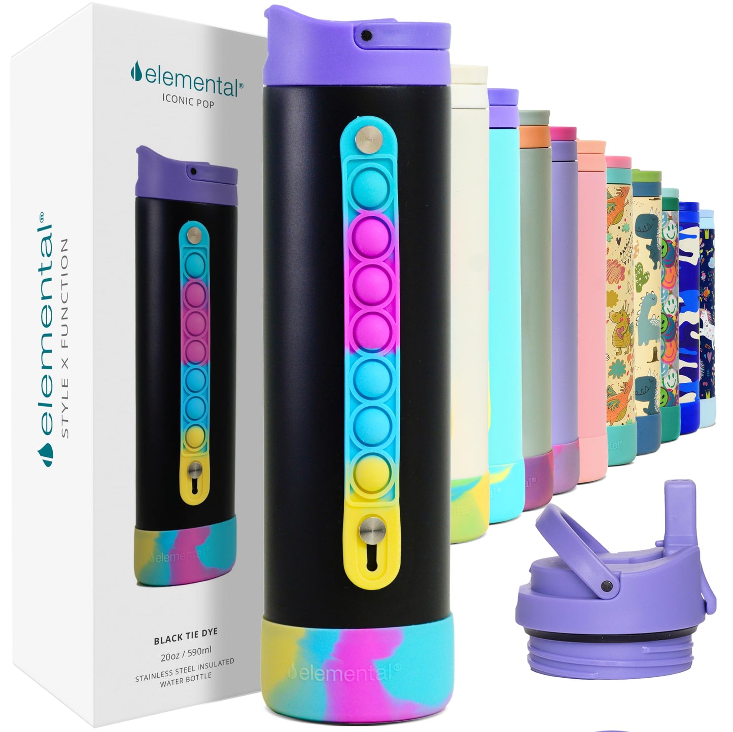 Elemental Iconic Kids Water Bottle with Straw Lid & Stress Reliever Pop It Handle, Leak-Proof When Closed, Triple Insulated Stainless Steel Reusable Thermos Water Bottle, 20oz - Black Tie Dye