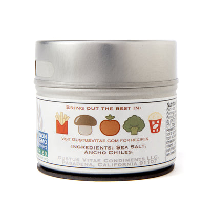 Ancho Chile Sea Salt | Gourmet Infused Salt | Authentic Artisanal Seasoning | Non GMO, All Natural | Handmade in Small Batches in USA | Ultra Premium, Sustainably Sourced | GLP-1 Friendly | Magnetic Tin | 2.8 Ounce | Gustus Vitae | #11
