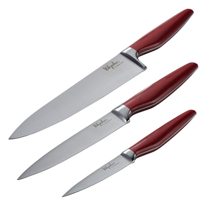 Ayesha Curry Cutlery Japanese Stainless Steel Knife Cooking Knives Set with Sheaths, 8-Inch Chef Knife, 6-Inch Utility Knife, 3.5-Inch Paring Knife, Sienna Red