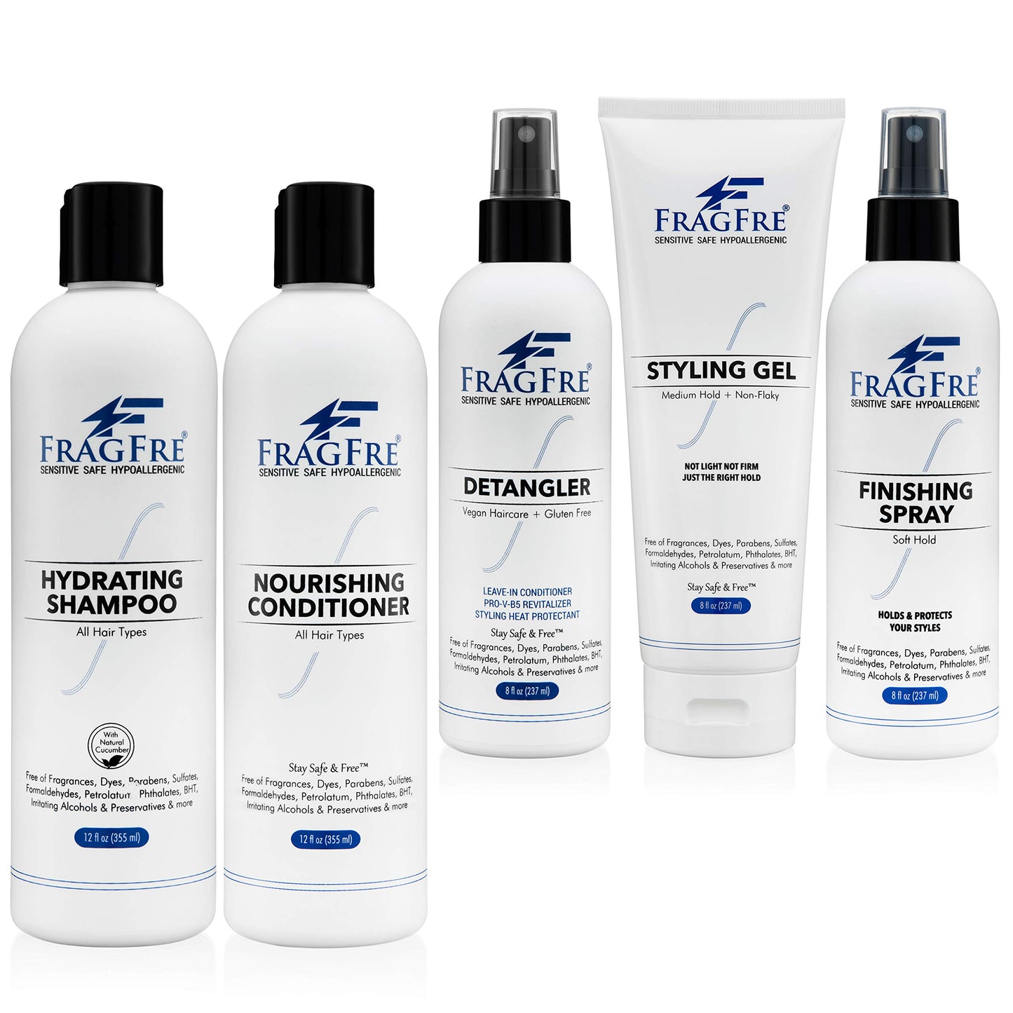 FRAGFRE Professional Hair Salon Set for Sensitive Skin 8/12 oz/ea (5-Pack Gift Set) - Shampoo-Conditioner-Detangler-Styling Gel-Finishing Spray - Soothing Wash and Set - No Sulfate No Fragrance Vegan