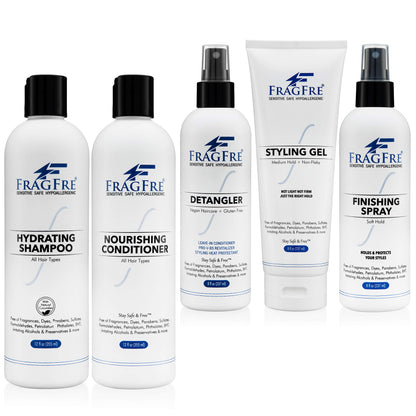 FRAGFRE Professional Hair Salon Set for Sensitive Skin 8/12 oz/ea (5-Pack Gift Set) - Shampoo-Conditioner-Detangler-Styling Gel-Finishing Spray - Soothing Wash and Set - No Sulfate No Fragrance Vegan