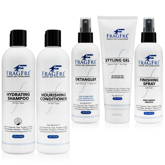 FRAGFRE Professional Hair Salon Set for Sensitive Skin 8/12 oz/ea (5-Pack Gift Set) - Shampoo-Conditioner-Detangler-Styling Gel-Finishing Spray - Soothing Wash and Set - No Sulfate No Fragrance Vegan