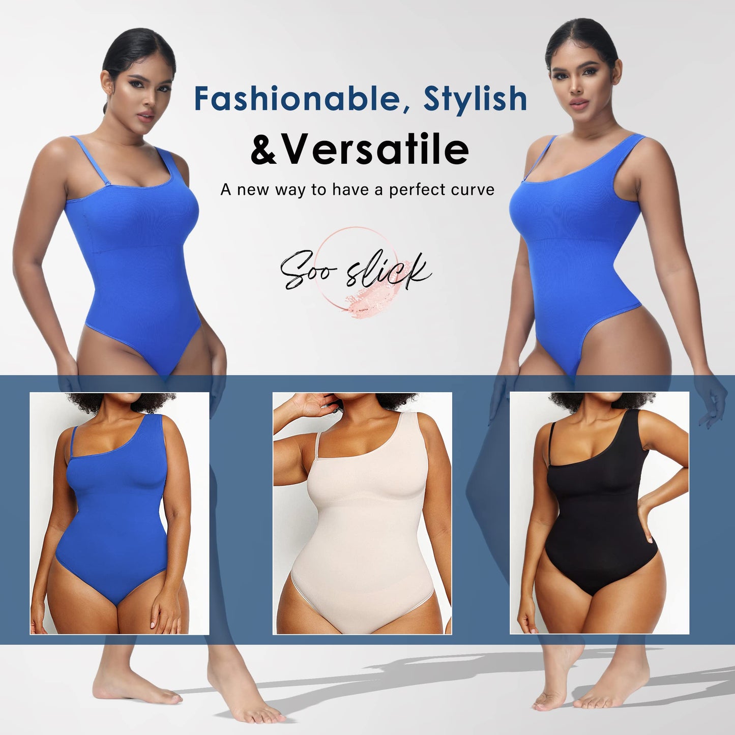 Soo slick Shapewear bodysuit for women Tummy control Tops mono strap sleeveless body suit thong sculpting clothings with removable padding and straps (Blue Large)