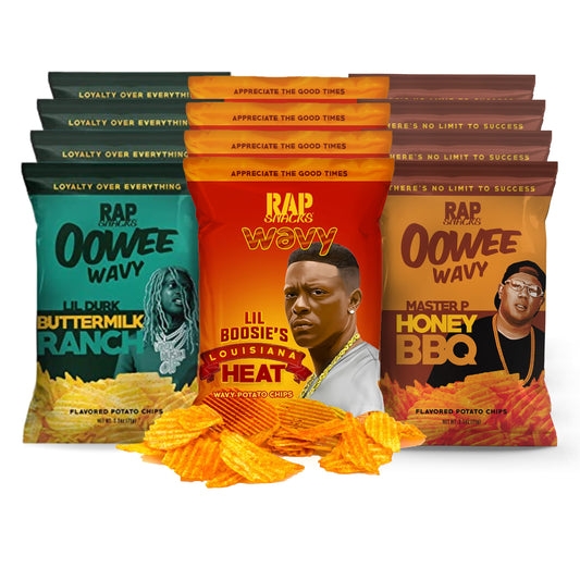 Rap Snacks Lil Durk, Master P and Boosie Buttermilk Ranch, Honey BBQ, and Louisiana Heat Wavy Chips Variety - Pack of 12