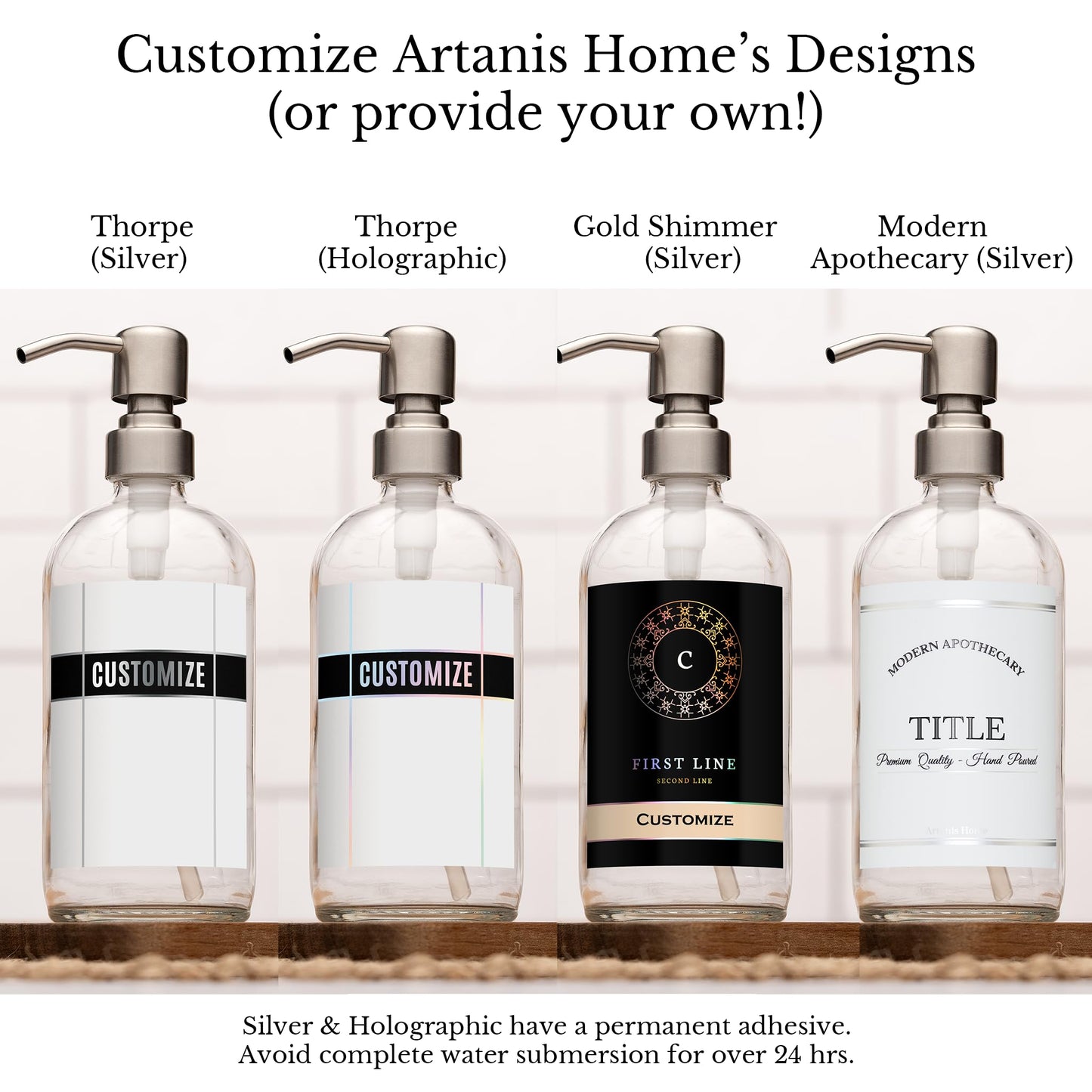 Artanis Home Customized Refillable Clear Glass Soap Dispenser Bottle, Personalized Label for Hand Soap, Dish Soap, Shampoo, etc., Pump Dispensers for Vacation Properties and Homes, Stainless Steel