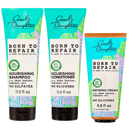 Carol's Daughter Born to Repair Hair Care Set - Sulfate Free Shampoo, Nourishing Conditioner, and Defining Leave In Cream Kit (3 Products) Made with Shea Butter