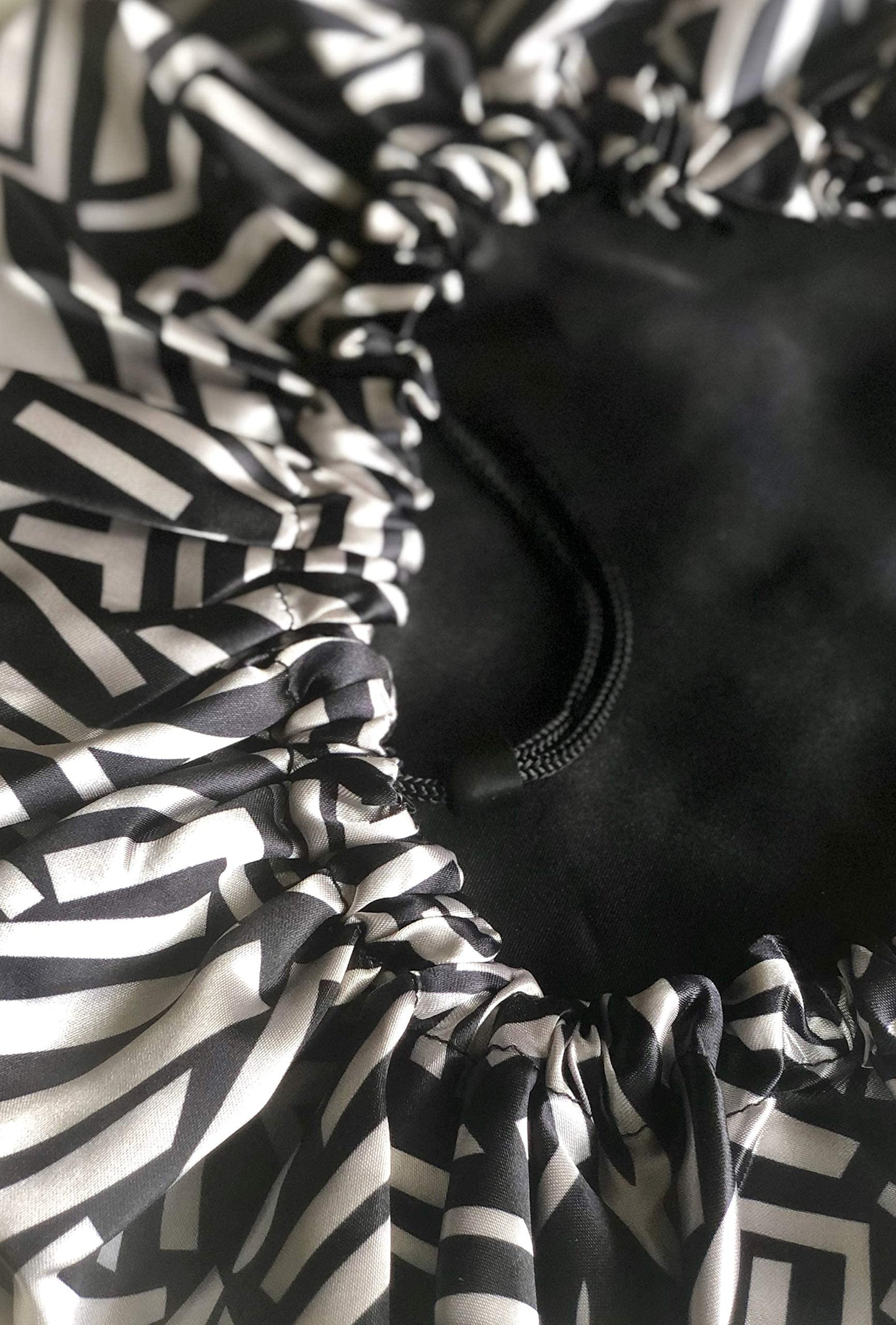 Glow By Daye Satin Bonnet, Double-Layered and Adjustable Satin Sleep Cap, Extra Large, Reversible Afro Geo Print (Black & White Pattern)
