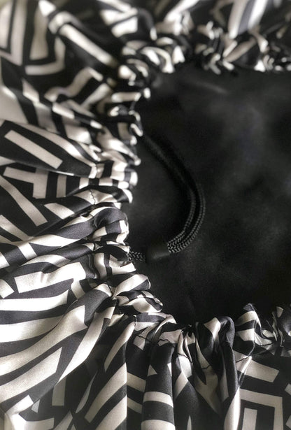 Glow By Daye Satin Bonnet, Double-Layered and Adjustable Satin Sleep Cap, Extra Large, Reversible Afro Geo Print (Black & White Pattern)