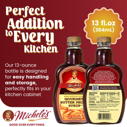 Michele’s Gourmet Butter Pecan Syrup | 13 Ounce Bottle | Good Over Everything! | Foodie Gift, Ice Cream & Desert Topping, Recipe ingredient, Condiment | Great on Lamb, Pork, Beef, Ribs & Much More!