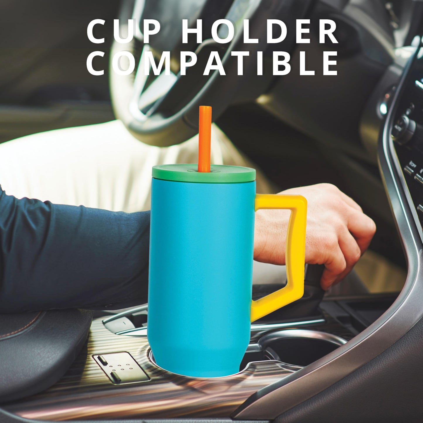 Elemental 40 oz Tumbler with Handle and Straw - Spill Proof Insulated Stainless Steel Commuter for Hot and Cold Beverages - Travel Coffee Mug with 2 Straws & Spill Proof Lid - 40oz - Blue Lagoon