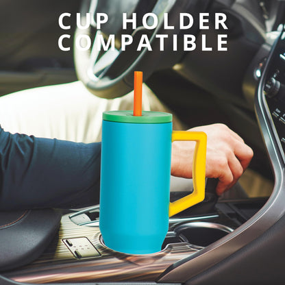 Elemental 40 oz Tumbler with Handle and Straw - Spill Proof Insulated Stainless Steel Commuter for Hot and Cold Beverages - Travel Coffee Mug with 2 Straws & Spill Proof Lid - 40oz - Blue Lagoon