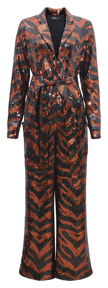 Pantora Women's Marina Sequin Jumpsuit, Tiger Print, Medium