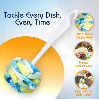 COMPAC HOME Dish Wand Plus Cello, Foam & Scour Sponge Petals Brush and Clean Dishes, Pots, Bottles, & Glassware, 2 Count