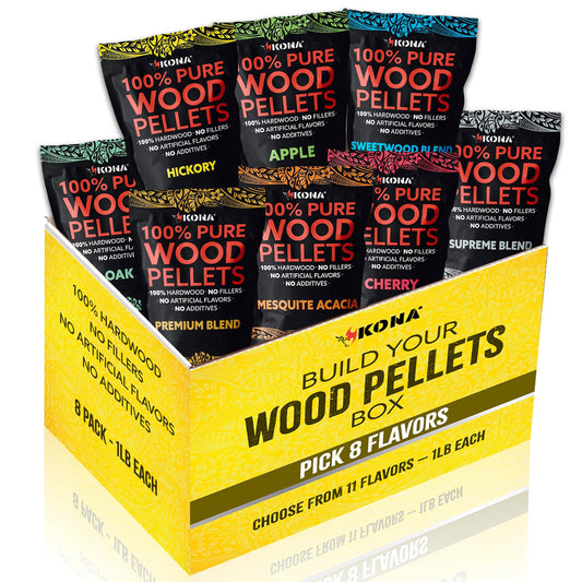 Kona Build Your Own Wood Smoker Pellet Variety Pack - Choose Your Favorite Flavors - Mix and Match - Set of 8-1 lb Resealable BBQ Wood Pellets