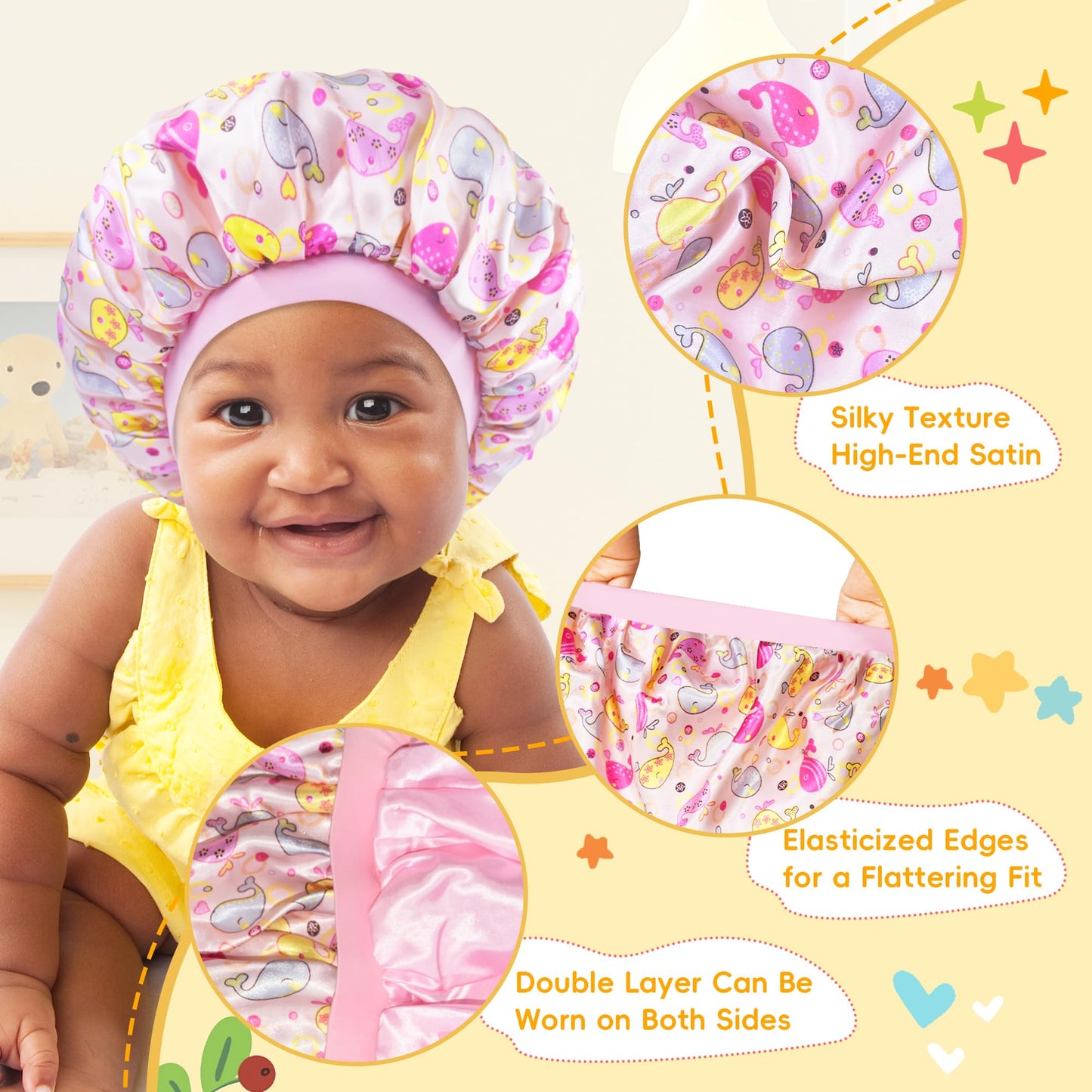 BONNET QUEEN Baby Bonnet 2Pcs Kids Bonnet Wide Elastic Silk Bonnet Double Layer Reversible Baby Satin Bonnet Toddler Bonnet 2-8 Years Gold Ring & Floral