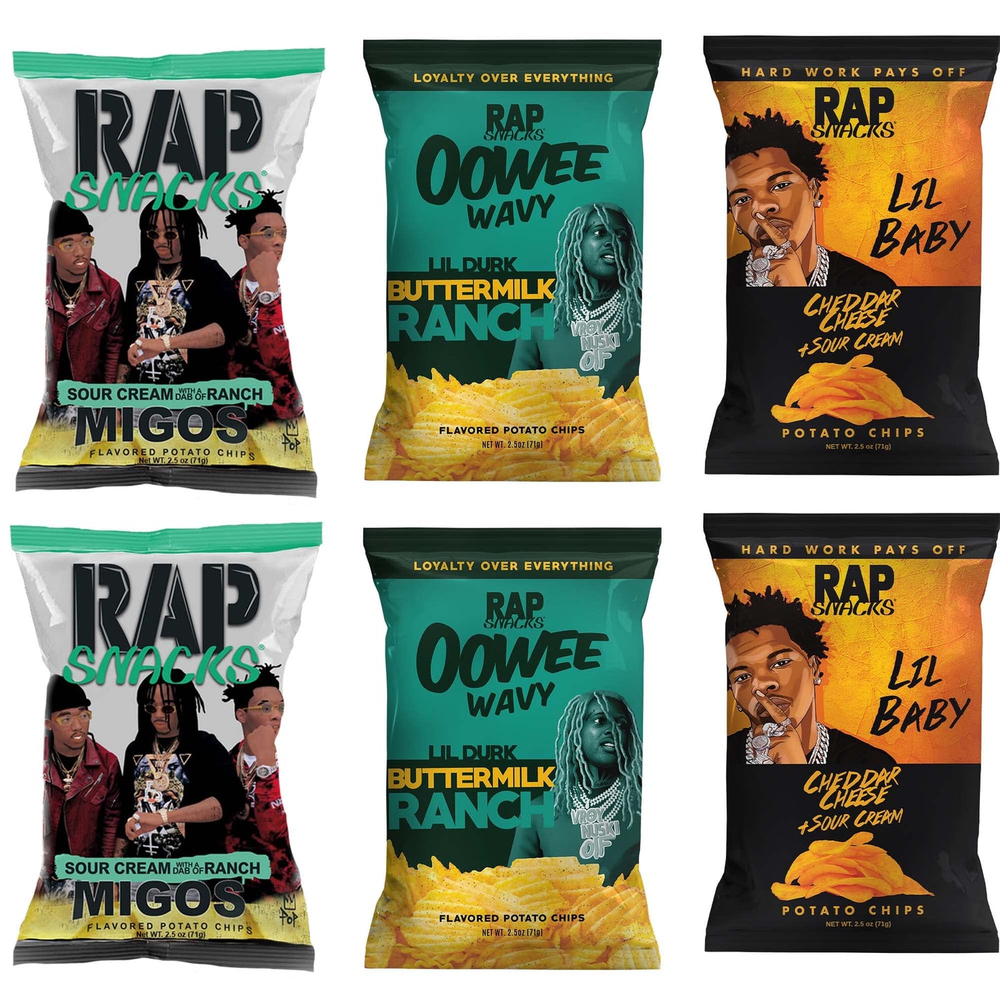 Rap Snacks Lil Baby, Lil Durk and Migos Cheddar Cheese and Sour Cream, Buttermilk Ranch, and Sour Cream with a Dab of Ranch Variety - Pack of 6