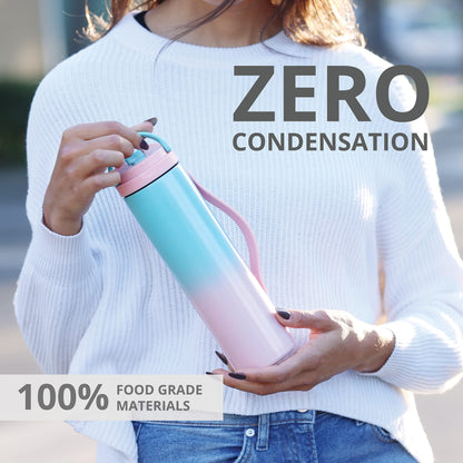 Elemental Iconic Stainless Steel Water Bottle with Straw - 20 oz Leak Proof Triple Wall Insulated Water Bottles for Travel and Sports - Reusable Gym Water Bottle with 2 Straws - Cotton Candy