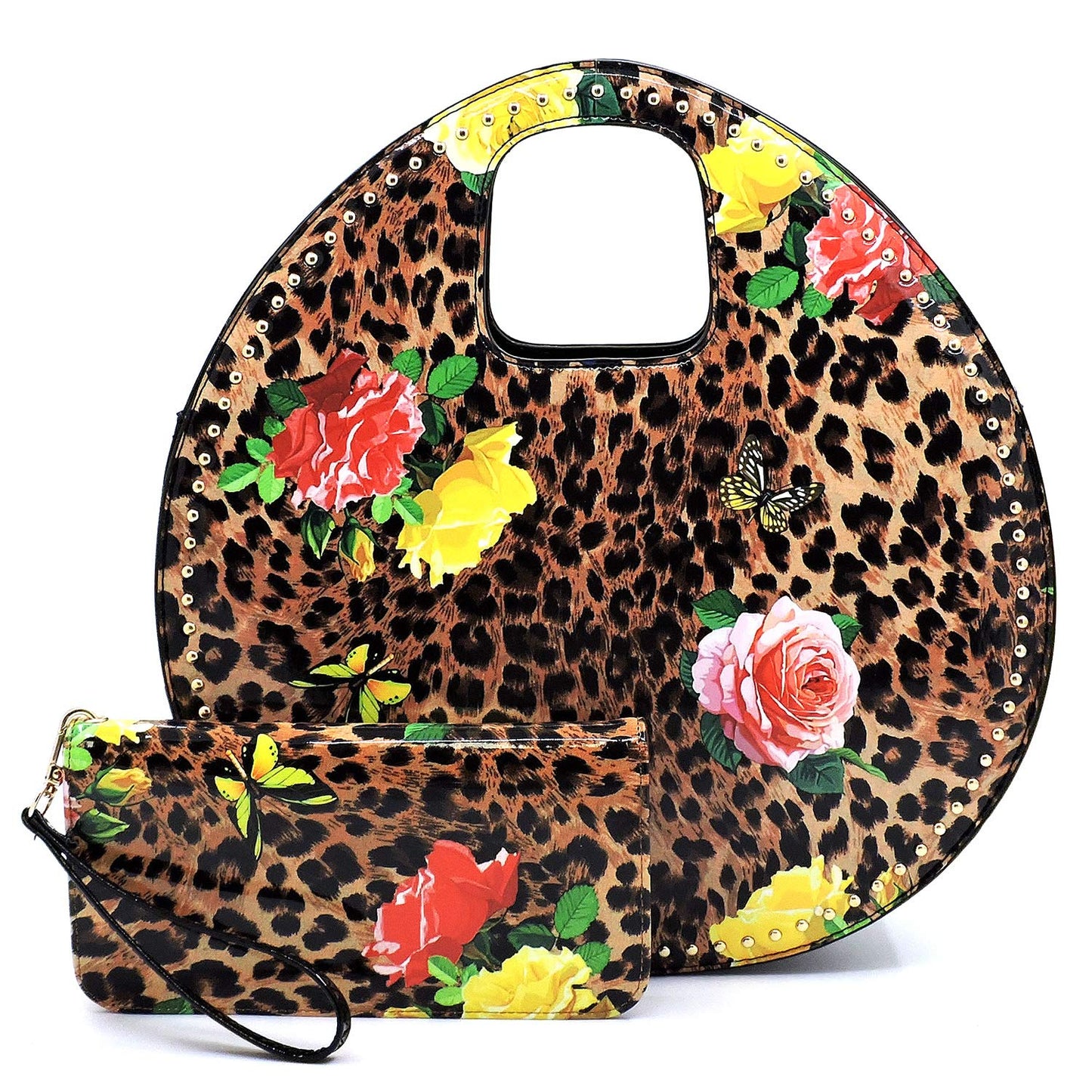 2Chique Boutique Women's Glossy Leopard Flower Printed 2-in-1 Satchel & Wallet Set