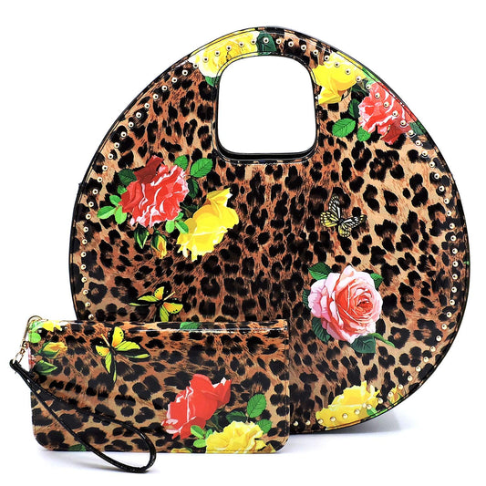 2Chique Boutique Women's Glossy Leopard Flower Printed 2-in-1 Satchel & Wallet Set