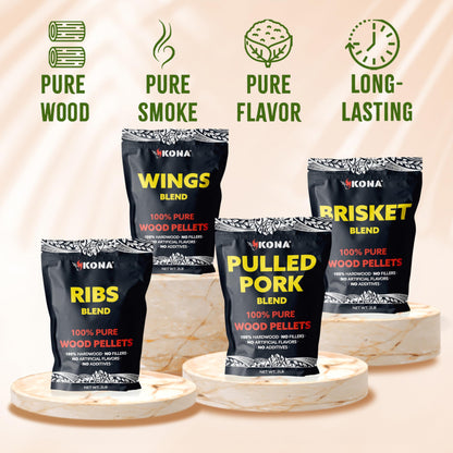 Kona Wood Pellets Brisket, Ribs, Wings,and Pulled Pork Blend Variety Pack, Intended for Ninja Woodfire Outdoor Grill, Wood Fire Oven, 4, 2lb Resealable Bags