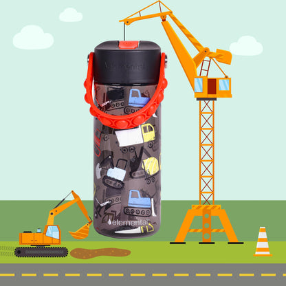 Elemental Leak Proof Water Bottles for Kids - Splash Kids Water Bottle for School with Pop-it Handle - BPA Free Tritan Plastic Reusable Water Bottle with Straw - Construction - 18oz