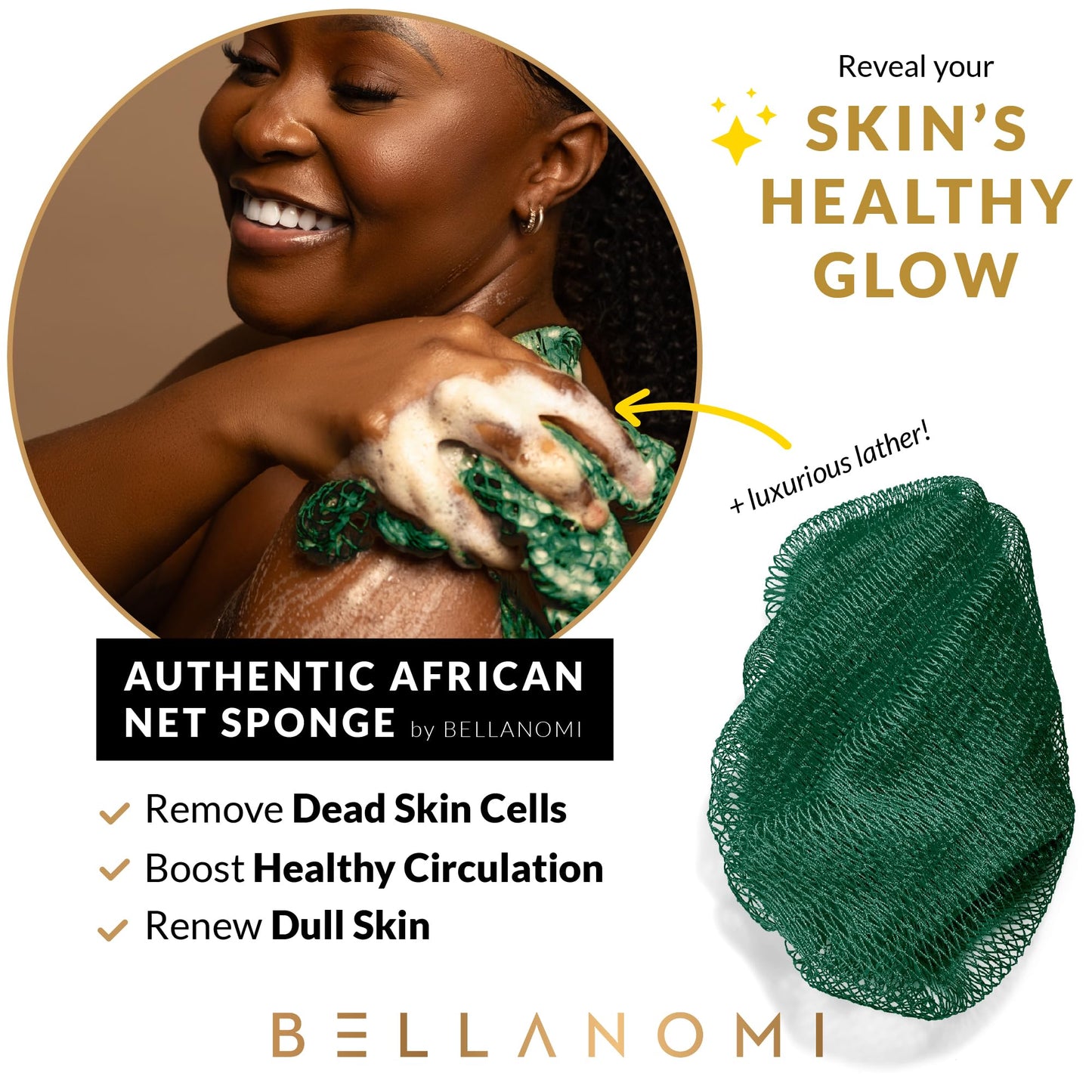 BELLANOMI 4 Piece African Exfoliating Net Sponge Long African Bath Sponge, Authentic Ethically Sourced from Nigeria, Great for Daily Use (Copper Brown, Orange, Green, Yellow)