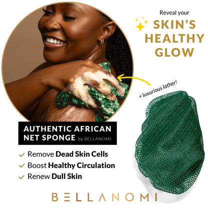 BELLANOMI 4 Piece African Exfoliating Net Sponge Long African Bath Sponge, Authentic Ethically Sourced from Nigeria, Great for Daily Use (Copper Brown, Orange, Green, Yellow)