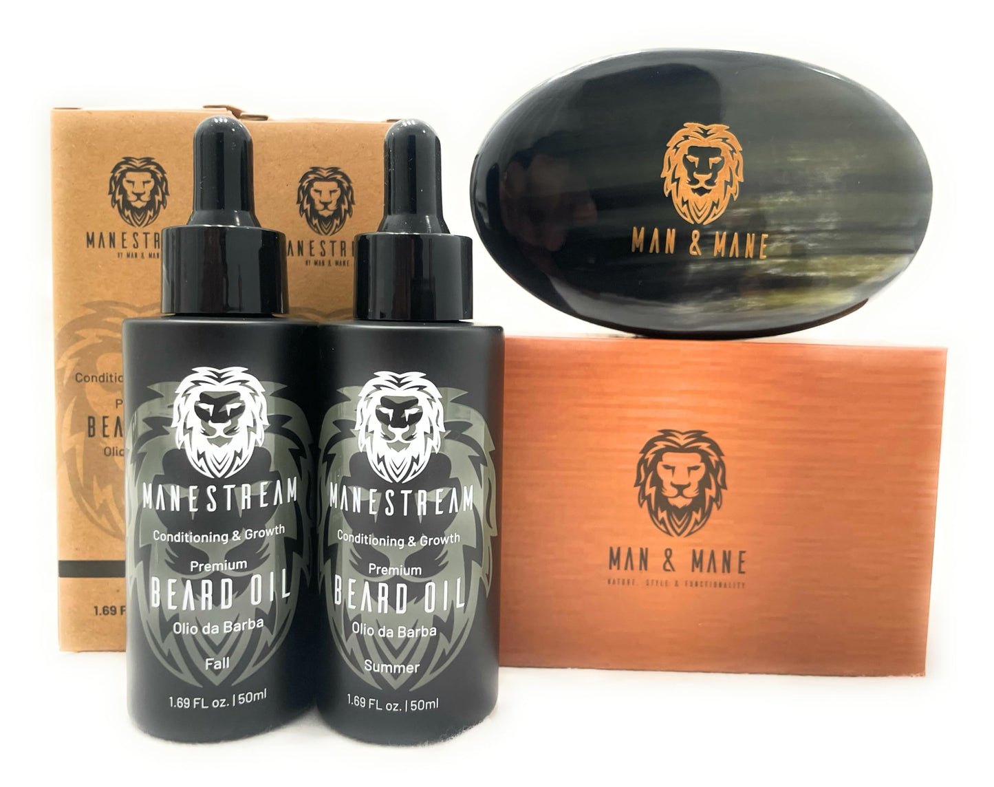 Premium Handmade Oxhorn Military Style Medium Stiff Natural Boar Bristle Men’s with Beard Oils - Sandalwood | Orange