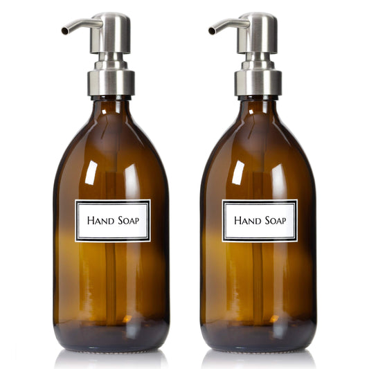 Artanis Home Refillable Amber Glass Hand Soap Dispenser 16 oz, 2-Pack – Ceramic Printed Apothecary Bottle with Stainless Steel Pumps