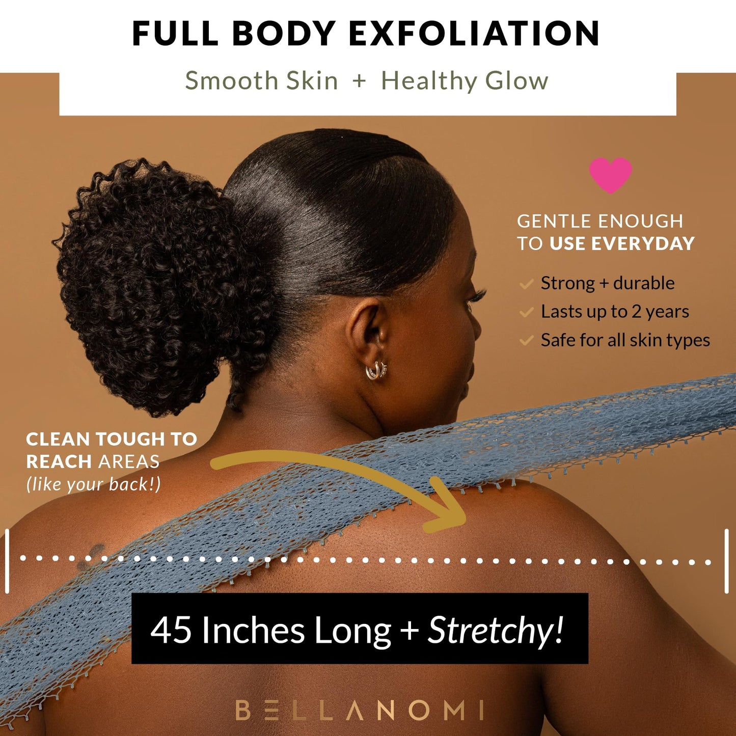 BELLANOMI African Exfoliating Net Sponge, Authentic, Ethically sourced from Nigeria, 45 inches Long, Back Scrubber for Daily use (Slate)