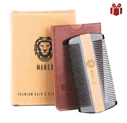 Premium Natural Ox horn and Sandalwood Beard Comb Dual-Action | Double Sided Beard & Mustache Comb with Brown Protective Case | Perfect Grooming Companion & Gift for Men – by Man & Mane