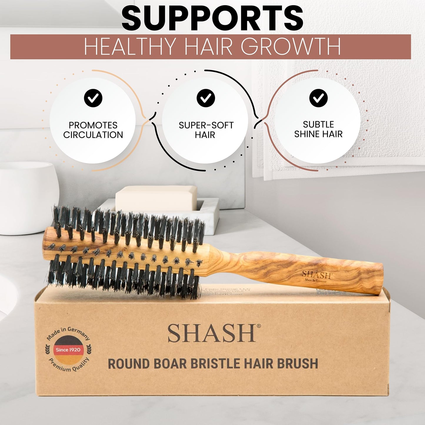 SHASH Boar Bristle Round Brush - Made In Germany | Volumize and Revitalize Your Hair with Softer, Smoother Results - Scalp Exfoliation and Stimulation - Eco-Sourced Olive Wood Handle