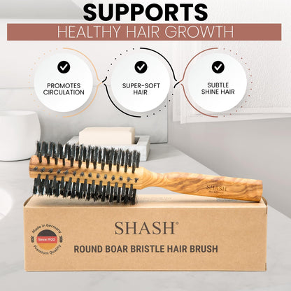 SHASH Boar Bristle Round Brush - Made In Germany | Volumize and Revitalize Your Hair with Softer, Smoother Results - Scalp Exfoliation and Stimulation - Eco-Sourced Olive Wood Handle