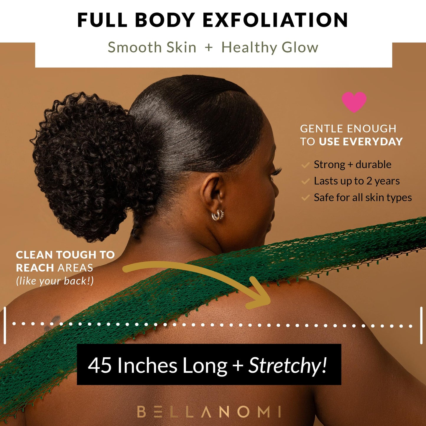 Bellanomi African Exfoliating Net Sponge, Authentic, Ethically sourced from Nigeria, 45 inches Long, Back Scrubber for Daily use (Emerald Green)