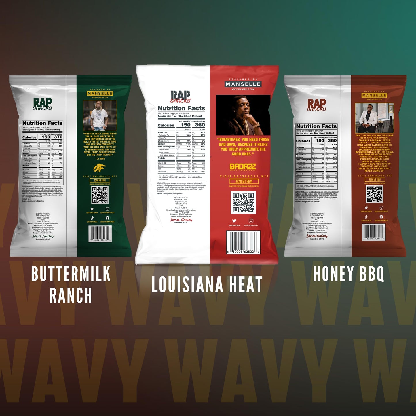 Rap Snacks Lil Durk, Master P and Boosie Buttermilk Ranch, Honey BBQ, and Louisiana Heat Wavy Chips Variety - Pack of 12