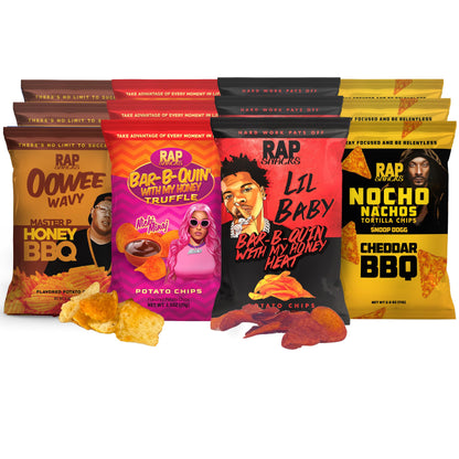 Rap Snacks Master P, Lil Baby, and Nicki Minaj, Honey BBQ, BBQ Honey Heat, Cheddar BBQ, and Honey BBQ Truffle Chips Variety - Pack of 12