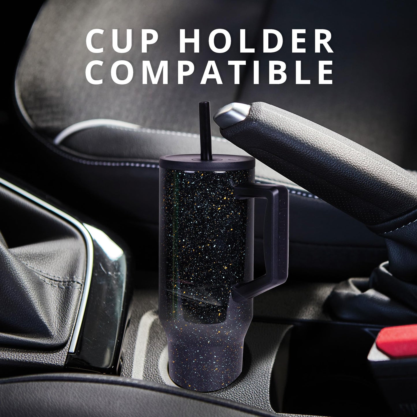 Elemental 40 oz Tumbler with Handle and Straw - Spill Proof Insulated Stainless Steel Commuter for Hot and Cold Beverages - Travel Coffee Mug with 2 Straws & Spill Proof Lid - 40oz - Black Speckle