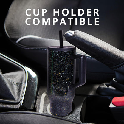 Elemental 40 oz Tumbler with Handle and Straw - Spill Proof Insulated Stainless Steel Commuter for Hot and Cold Beverages - Travel Coffee Mug with 2 Straws & Spill Proof Lid - 40oz - Black Speckle