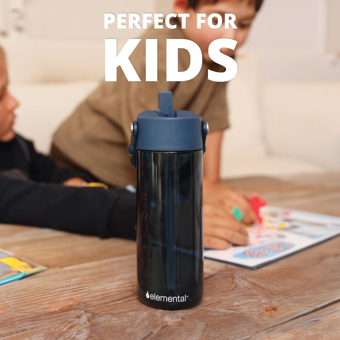 Elemental Leak Proof Water Bottles for Kids - Splash Kids Water Bottle for School with Pop-it Handle - BPA Free Tritan Plastic Reusable Water Bottle with Straw - Navy Blue - 18oz