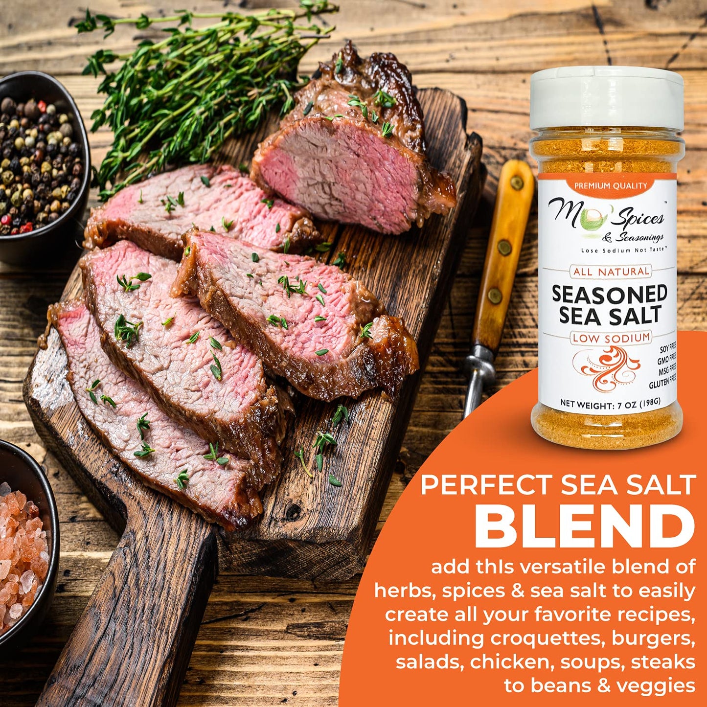 Mo'Spices & Seasonings - Seasoned Sea Salt, Low Sodium, All Purpose - 8 oz bottle