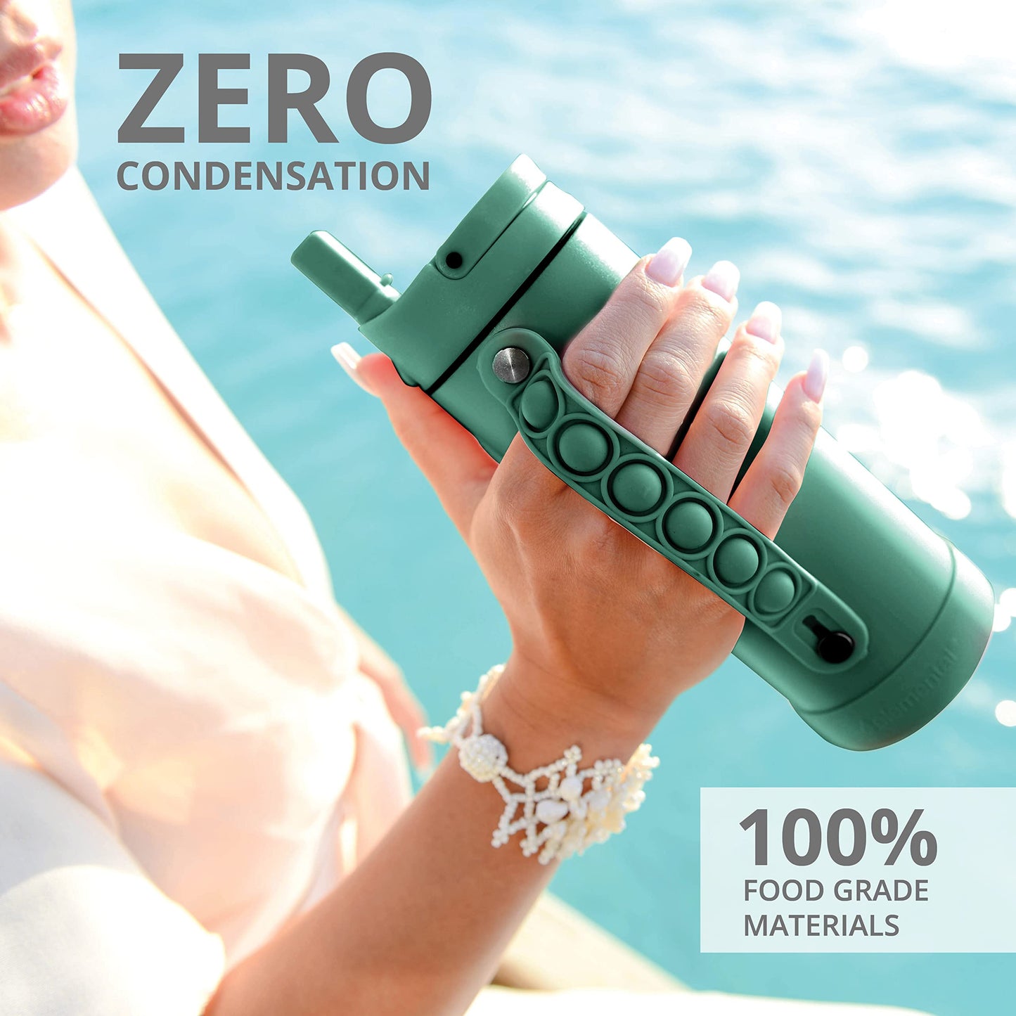 Elemental Iconic Kids Water Bottle with Straw Lid & Stress Relief Pop It Handle, Leak-Proof When Closed, Triple Insulated Kids Stainless Steel Water Bottle For Girls and Boys, 14oz - Forest Green