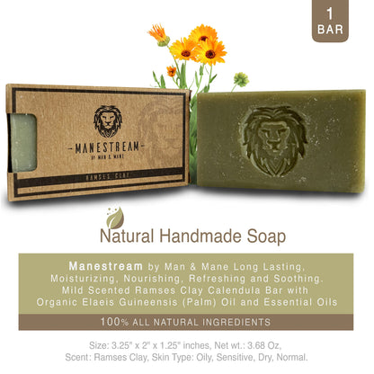 MAN & MANE Manestream Long Lasting, Mild Scented Geranium French Clay Bar with Coconut, Olive, Palm Oils, Natural Handmade Soap