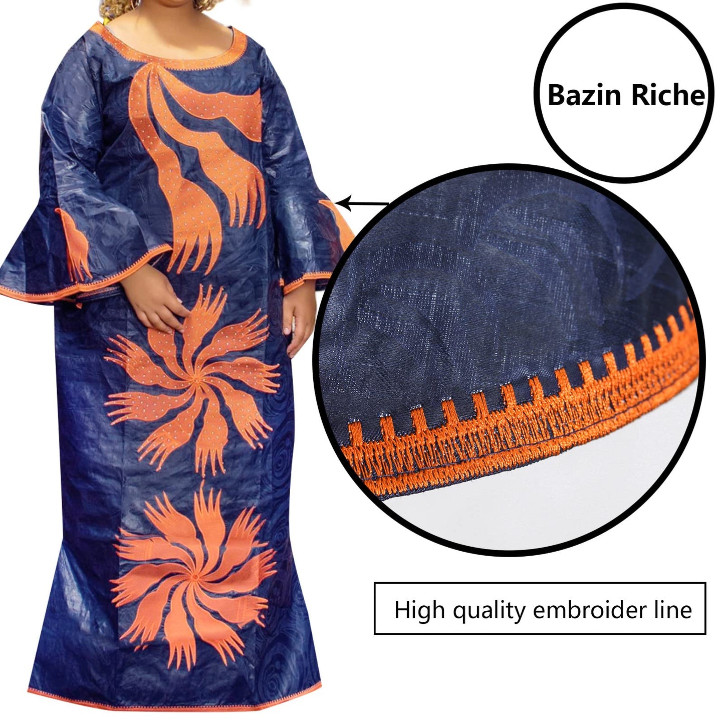 TIDOIRSA African Dresses for Women, 3/4 Sleeves Jacquard Fabric Wedding Dress with Scarf (5XL, Navy blue)