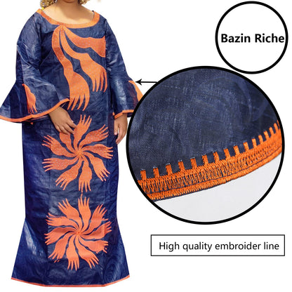 TIDOIRSA African Dresses for Women, 3/4 Sleeves Jacquard Fabric Wedding Dress with Scarf (5XL, Navy blue)