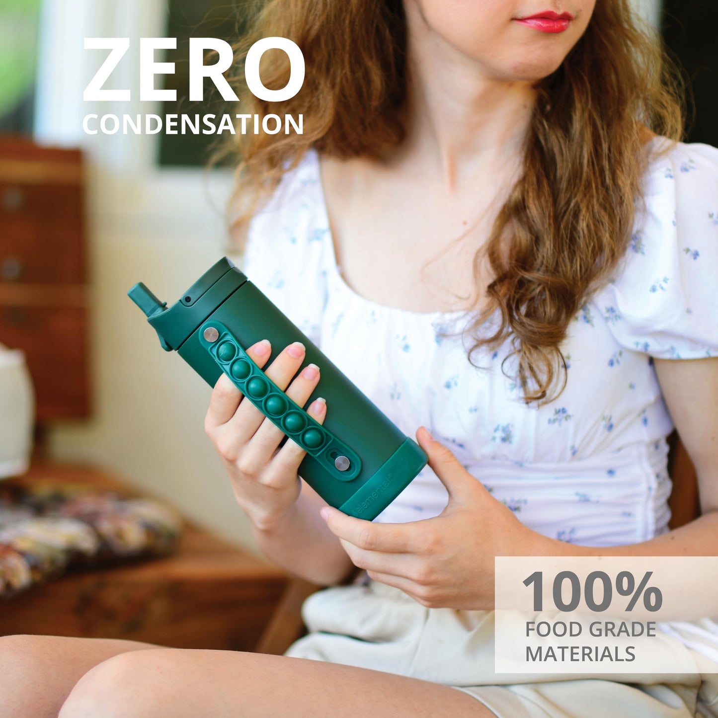 Elemental Iconic Kids Water Bottle with Straw Lid & Stress Relief Pop It Handle, Leak-Proof When Closed, Triple Insulated Kids Stainless Steel Water Bottle For Girls and Boys, 14oz - Forest Green