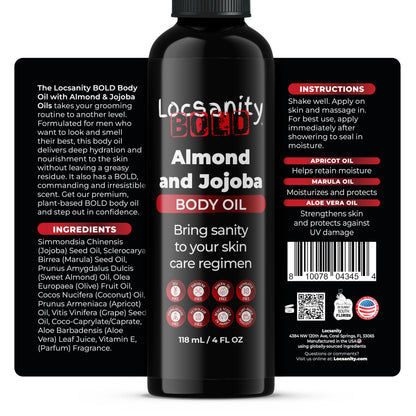 Locsanity Men's Body Oil, Jojoba Seed, Sweet Almond, Extra Virgin Olive, Coconut, Apricot Seed, Grapeseed, Marula, Aloe Vera 4oz