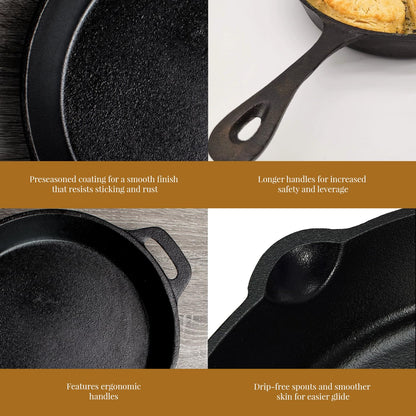 Hamilton Cornerstore Cast Iron Skillet, Pre-Seasoned Cast Iron Skillet with 2 Handles, NEW Signature Embossed Logo Preseasoned Pan, Pour Spouts for Searing, Baking, Grilling, Roasting, (10 inch)