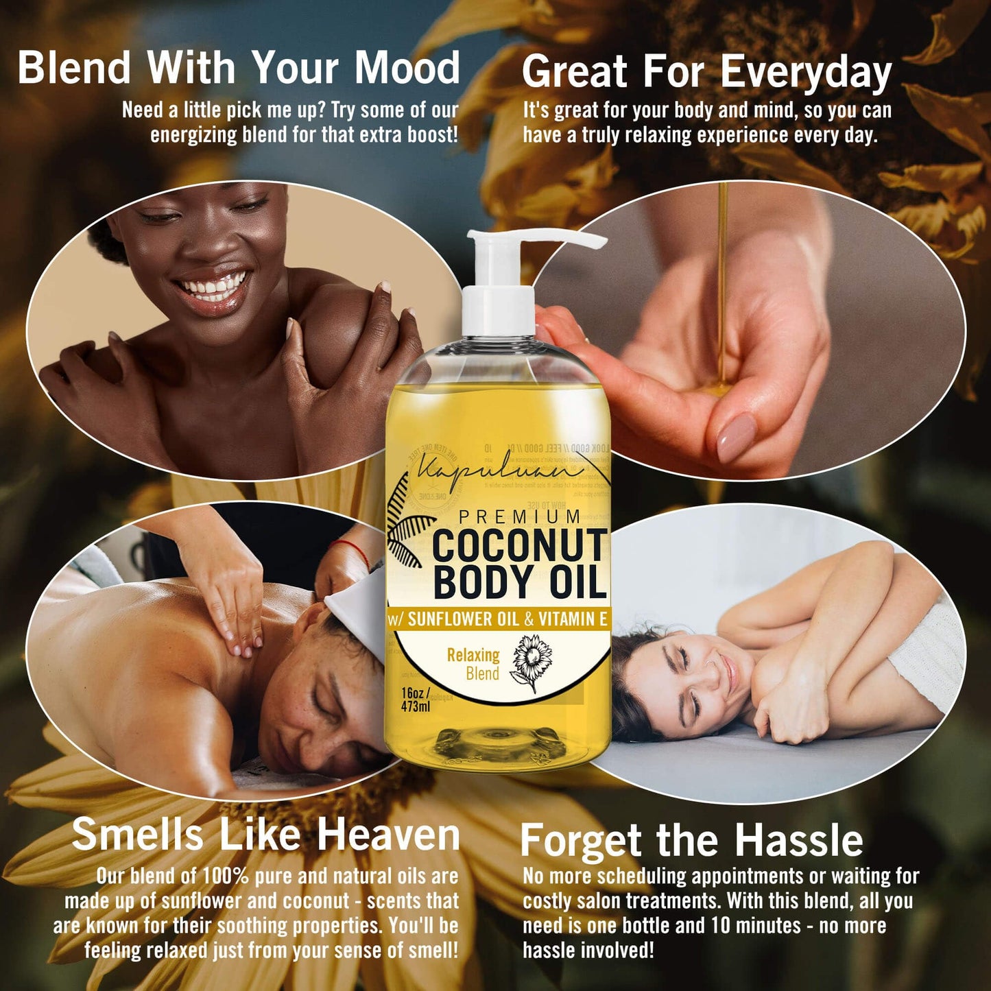 Kapuluan Massage Body Oil Relaxing Blend – Lavender Coconut Oil Blend for Stress Relief, Muscle Tension 8oz