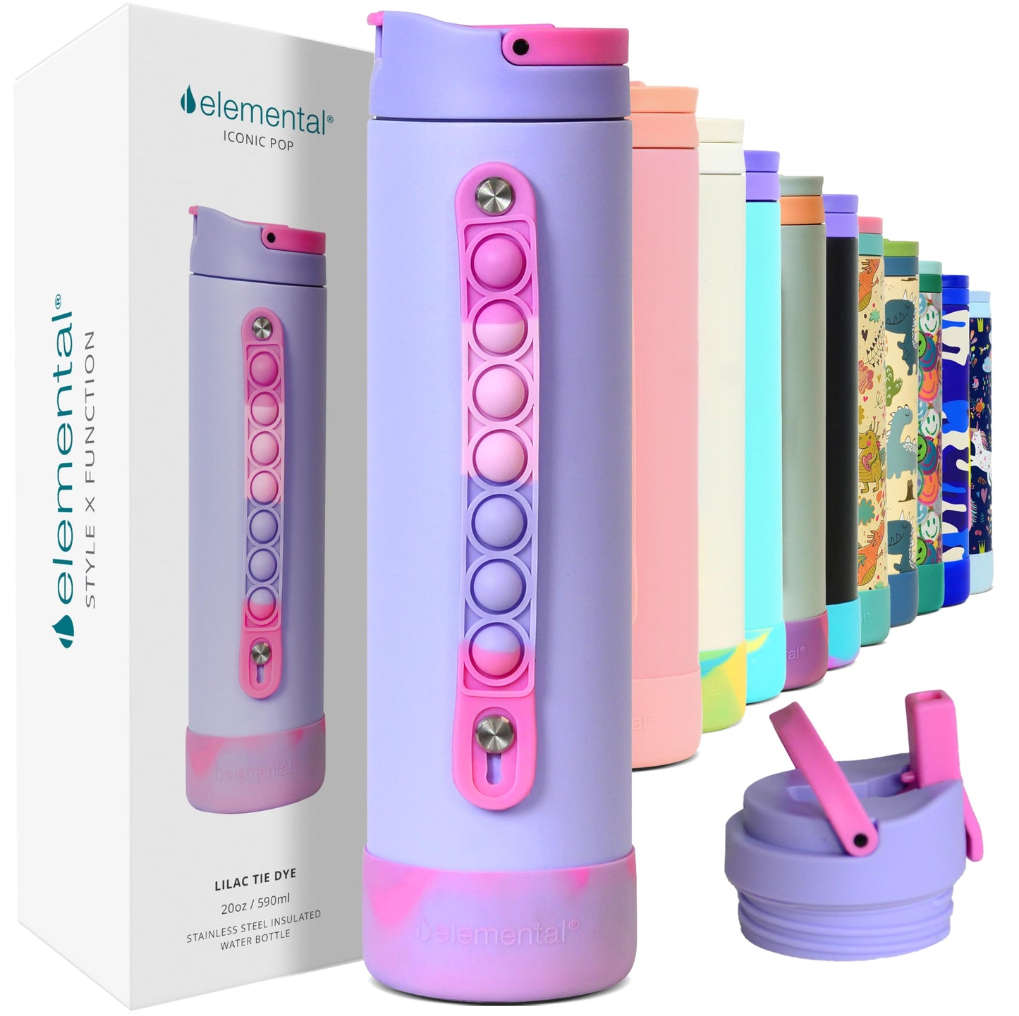Elemental Iconic Kids Water Bottle with Straw Lid & Stress Reliever Pop It Handle, Leak-Proof When Closed, Triple Insulated Stainless Steel Reusable Thermos Water Bottle, 20oz - Lilac Tie Dye