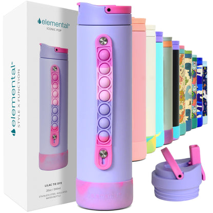 Elemental Iconic Kids Water Bottle with Straw Lid & Stress Reliever Pop It Handle, Leak-Proof When Closed, Triple Insulated Stainless Steel Reusable Thermos Water Bottle, 20oz - Lilac Tie Dye